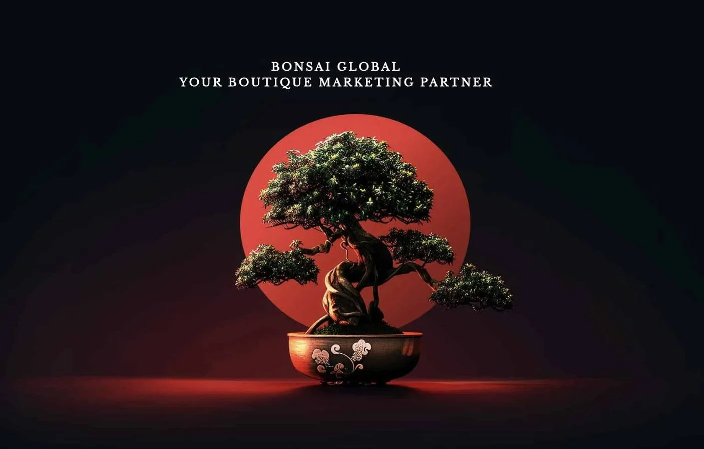 A bonsai tree in a decorative pot with a red circle background and white text that reads 'Bonsai Global, Your Boutique Marketing Partner'