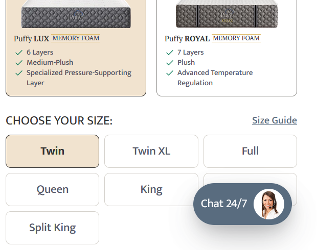 A chat pop-up covers the size selection section