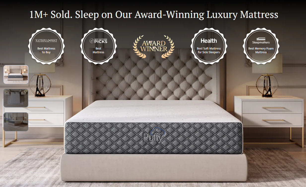 An image of a mattress cluttered by award and sales points