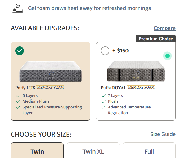 A selection to purchase a more expensive mattress
