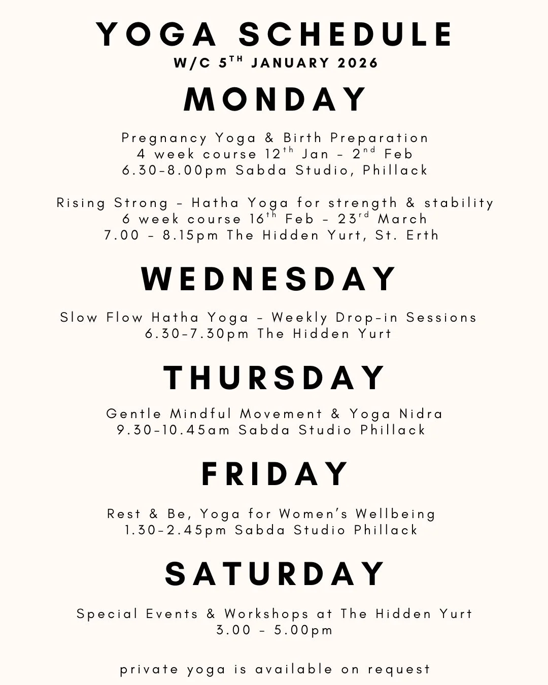 Happy New Year! I'm looking forward to welcoming you &amp; to welcoming you back as our weekly group yoga schedule resumes next week... DM me if you have any questions, all classes can be booked online at www.sabda.uk. For additional information on p