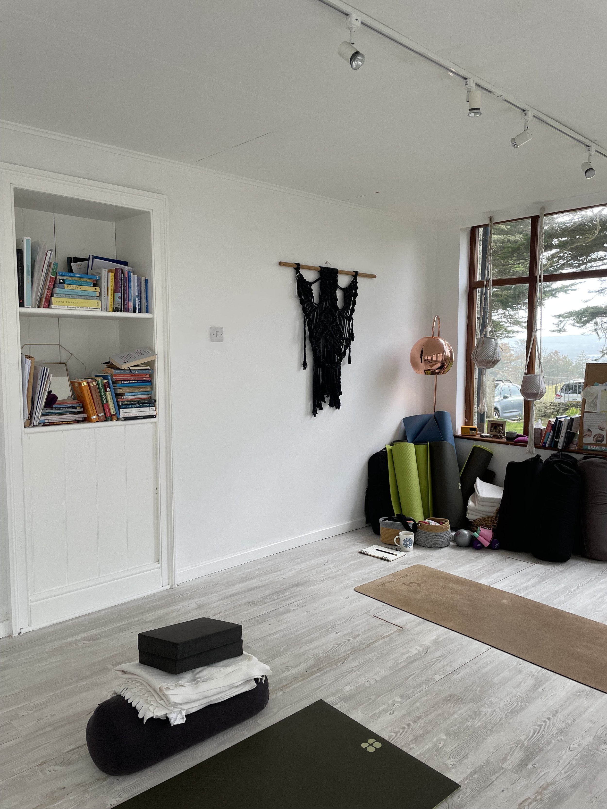 Yoga mats, fitness accessories, and a black rolled-up yoga bolster on a wooden floor near a small cloth stack. A window with trees outside and a corner with books, decorative items, and hanging planters inside a bright room.