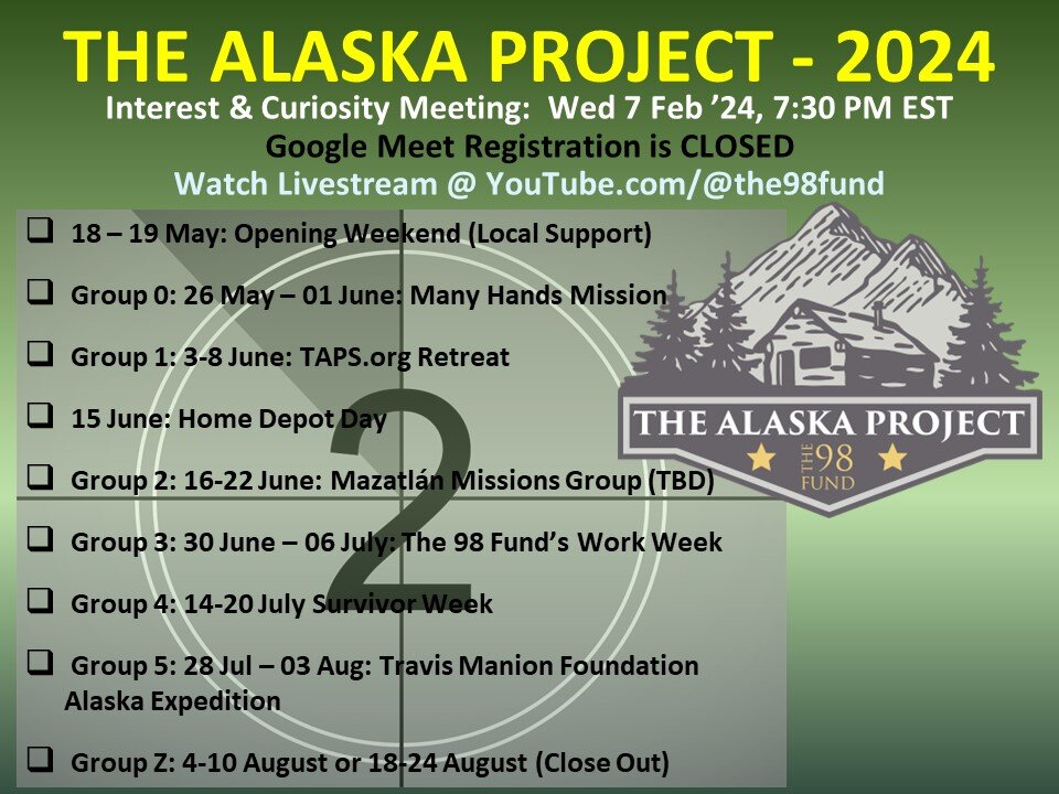 Join us at 7:30pm TONIGHT for the 2024 Interest Meeting for @the_alaska_project 

Registration is CLOSED but if you registered look for the email with the GoogleMeet link.

Or - you can watch the livestream on @the98fund 's YouTube page (https://www.