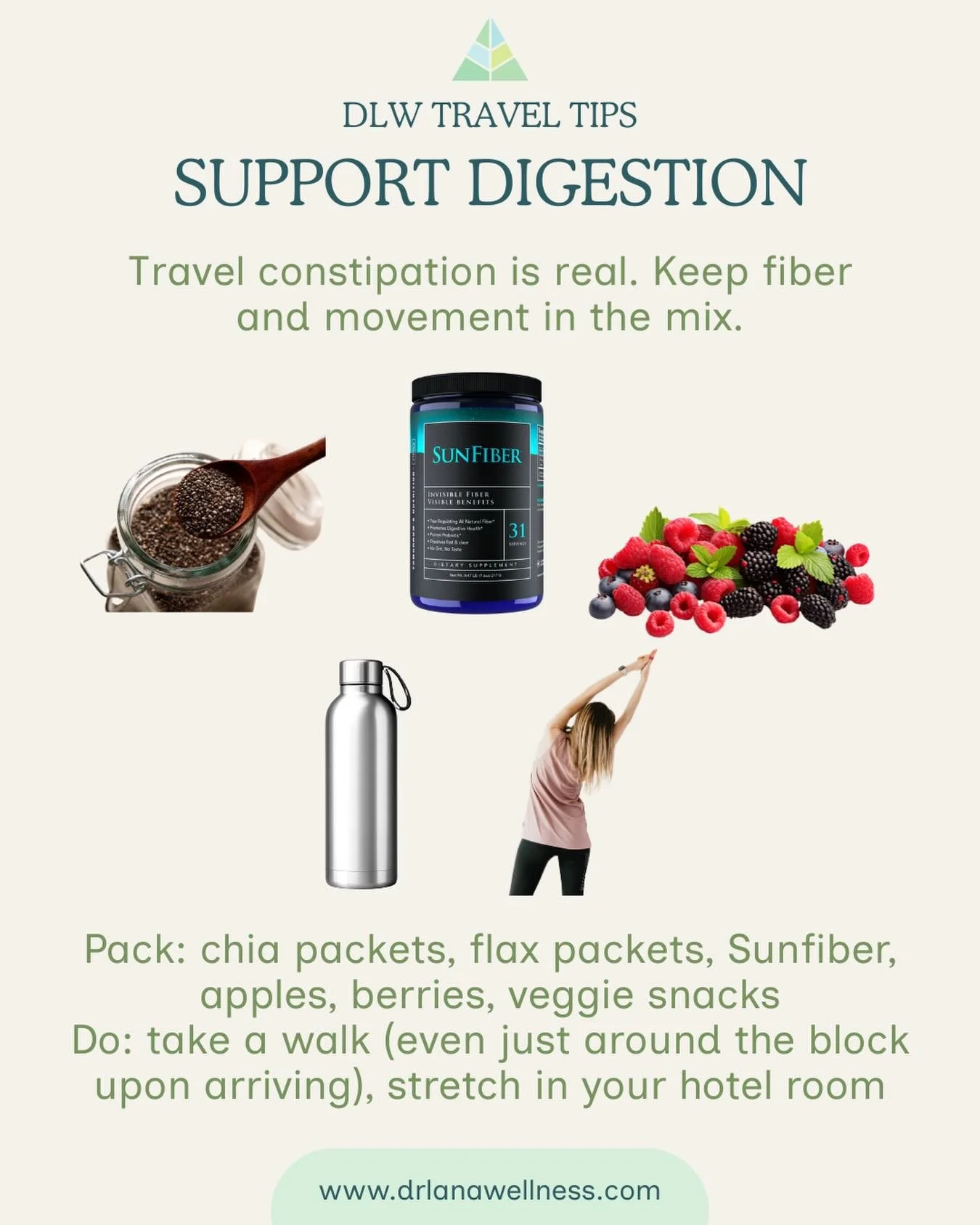 Travel can throw digestion off, but a little prep goes a long way.🍓🍌🌱🥬🫘🫐

Pack fiber-rich snacks, hydrate well, and keep movement in the mix, even if it&rsquo;s just a quick walk to grab a coffee after you land or a stretch in your hotel room. 