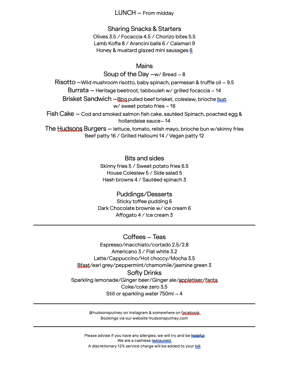 Brunch Lunch and Dinner in Putney — Hudsons