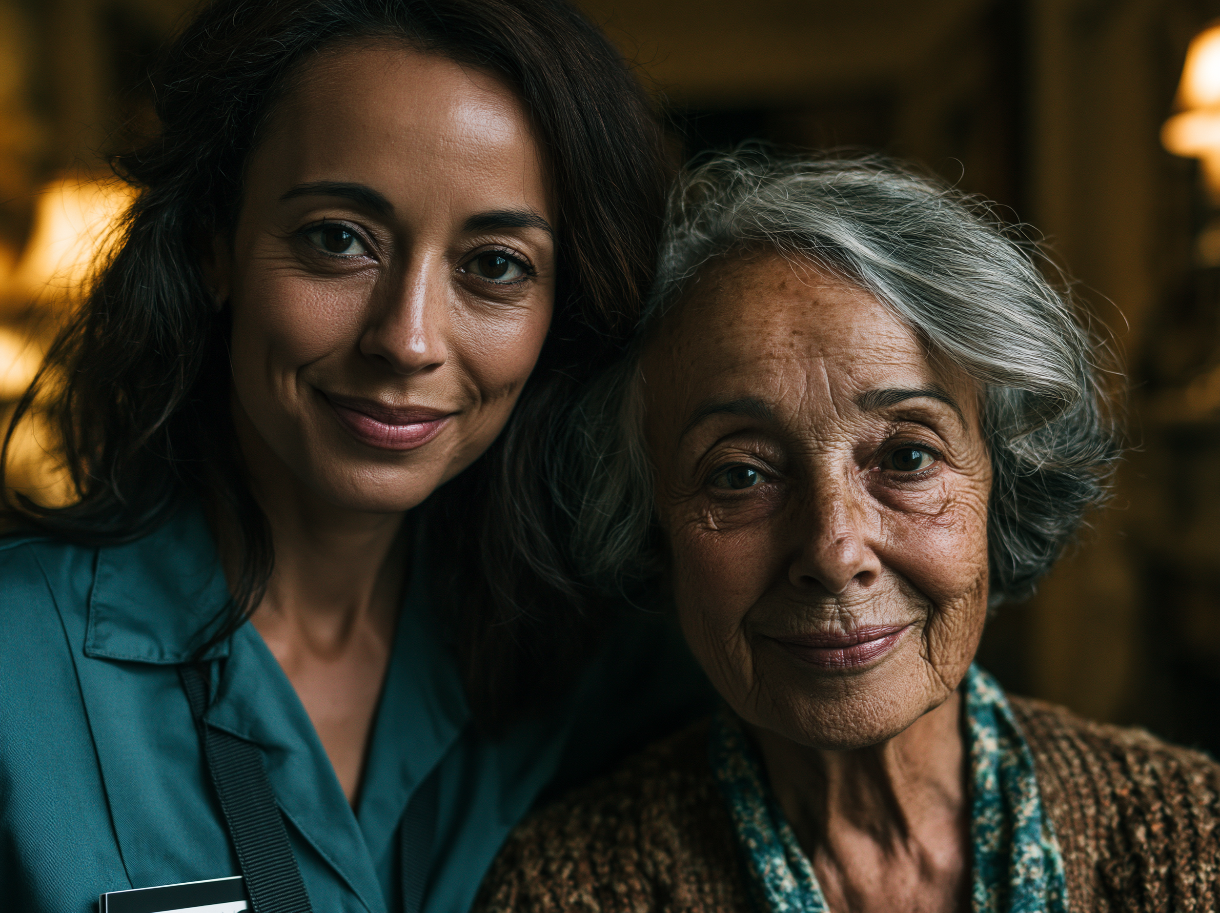 A hospice nurse posing for a photo beside a patient