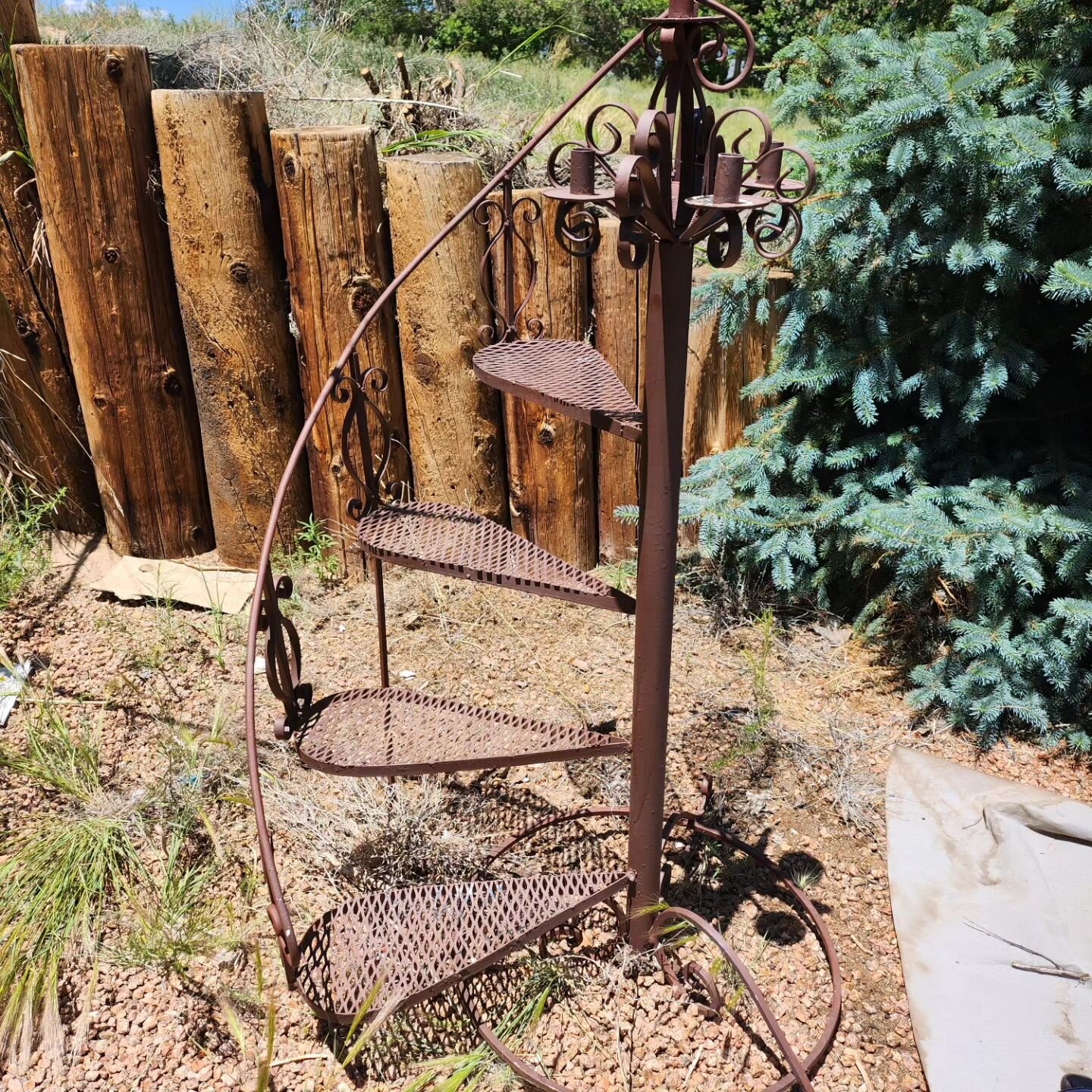 Iron plant stand with candelabra on top. $75 #salvagesistersgunnison