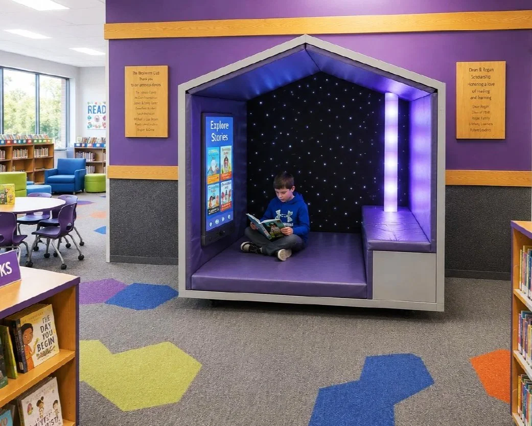 Public library reading space featuring a boy inside a cozy, starry-themed NOOK sensory pod, with flexible purple soft seating and integrated AV technology solutions designed to support neurodivergent minds.