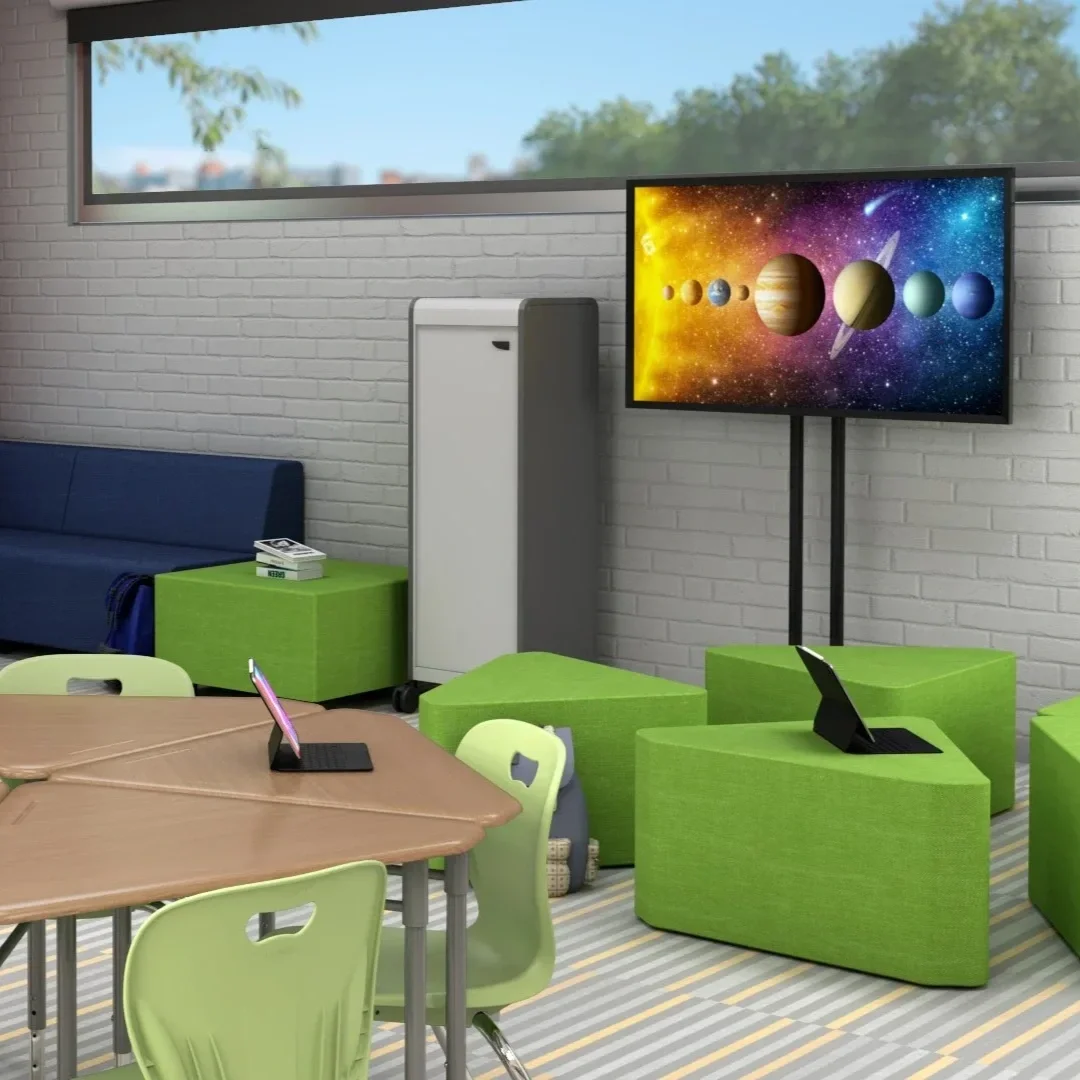 A neuro-inclusive classroom layout by Oxilium showcasing adaptive edtech, extensive flexible soft seating, and mobile acoustic nook pods integrated with a Clear Touch interactive panel and Nureva audio for student-led collaboration.