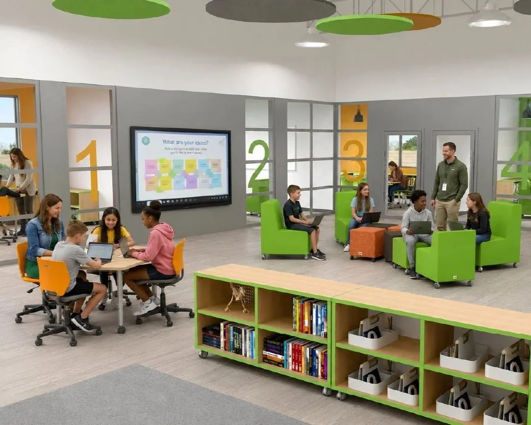 Library study area featuring children at green study carrels, flexible soft seating, and integrated AV technology solutions designed to support neurodivergent minds.