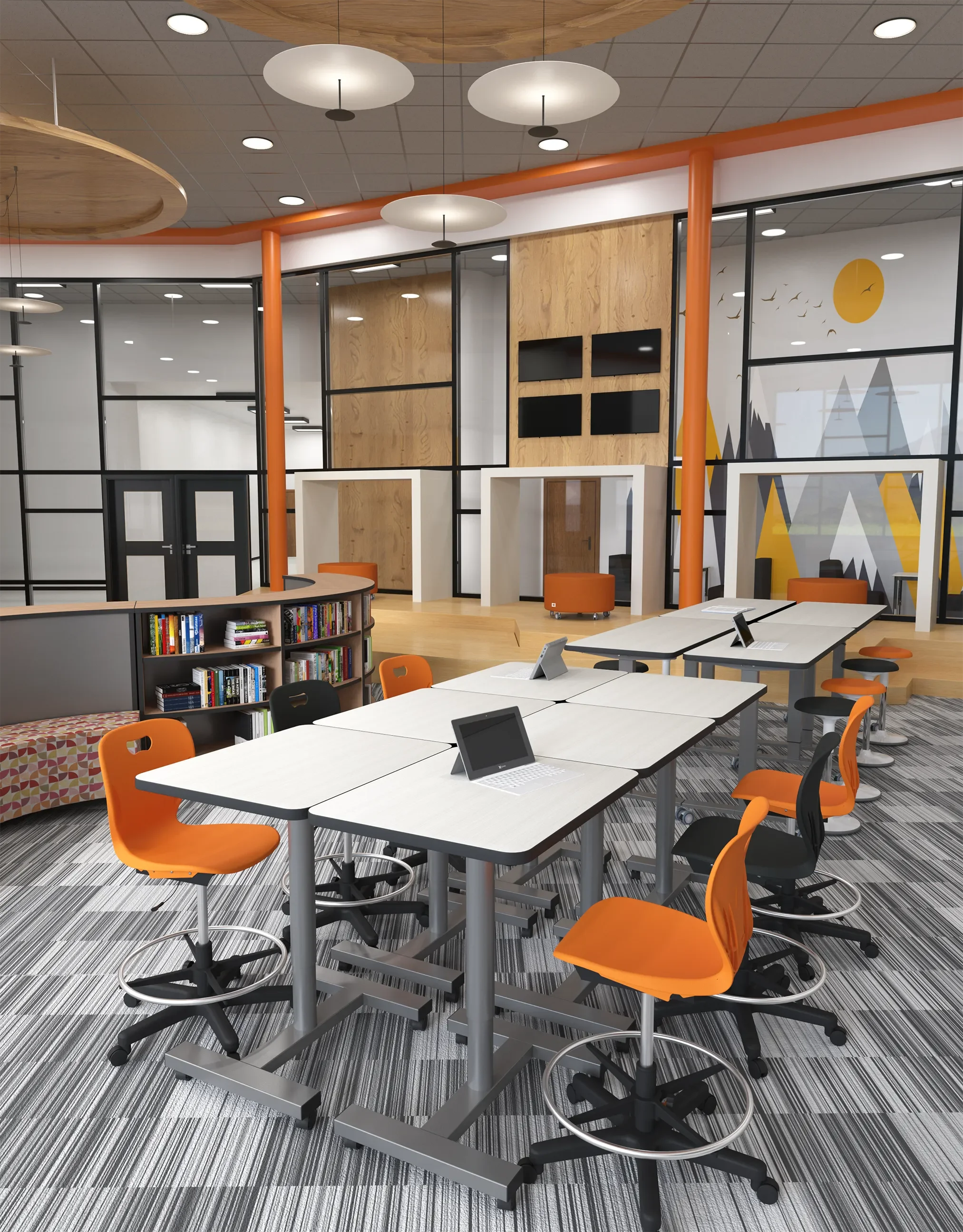 A K-12 school library transformed into a creative learning center by Oxilium, featuring modular flexible furniture, cozy soft seating zones, interactive collaborative technology, and integrated network infrastructure.