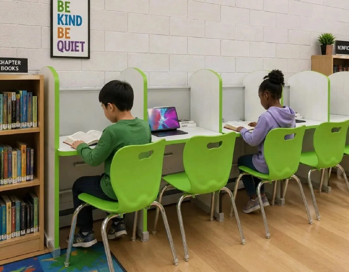 Library study area featuring children at green study carrels, an inclusive NOOK huddle pod, and flexible soft seating with integrated AV technology solutions designed to support neurodivergent minds.