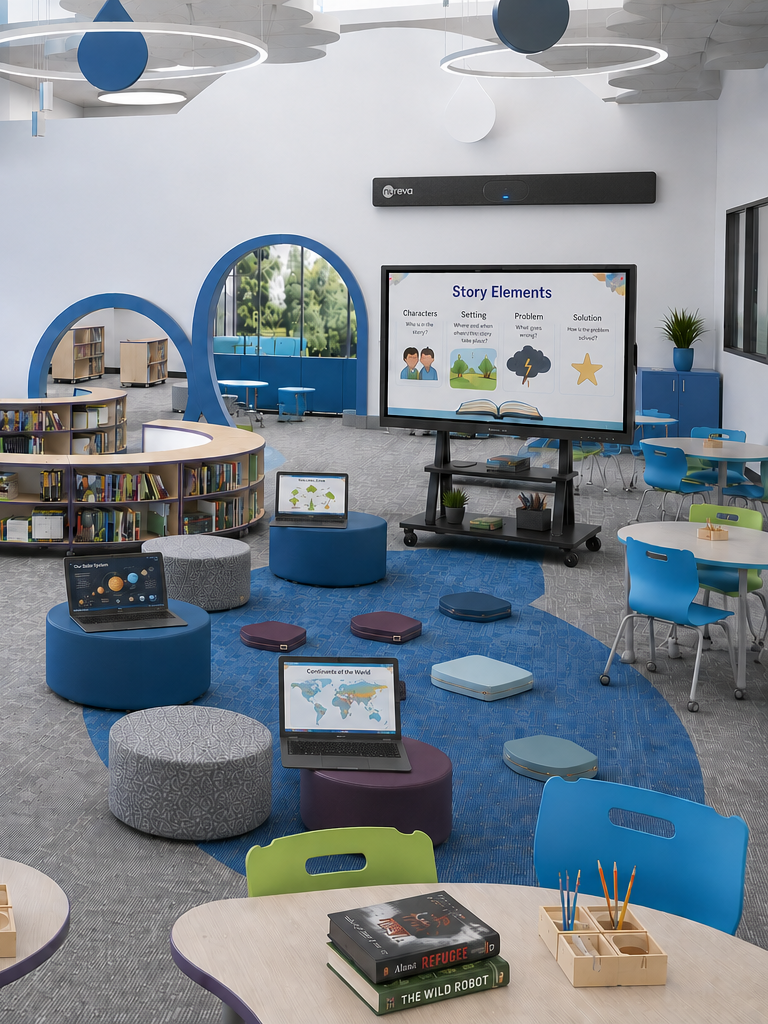 Modern public or school library featuring flexible furniture and soft deating, interactive panel for learning. Spatial design and universal design for learning to support Neurodivergent minds.