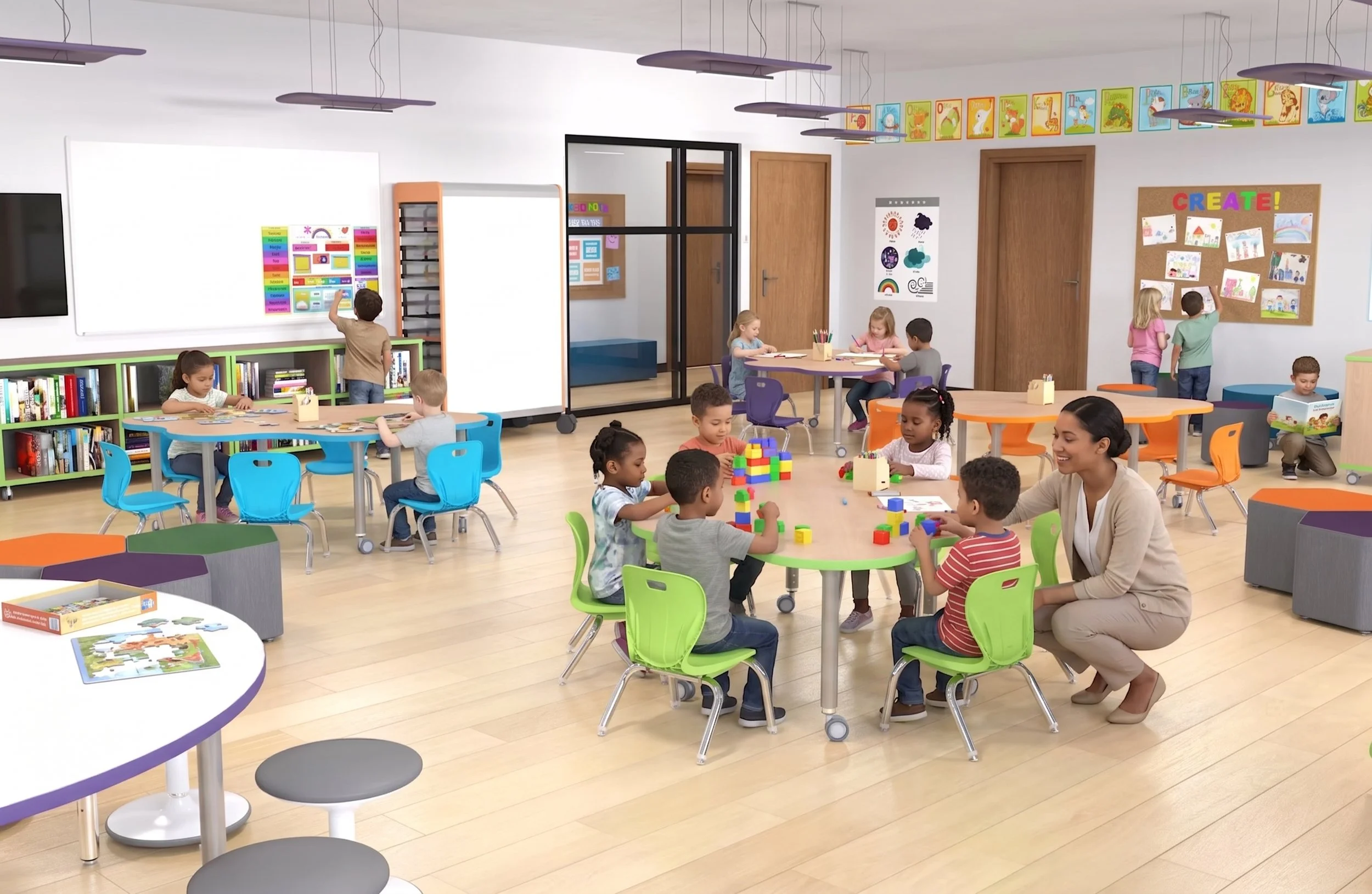 A flexible classroom layout by Oxilium featuring ergonomic Alumni Flow desks and chairs with integrated storage, paired with an adjustable sit-to-stand mobile teacher desk for dynamic instruction.