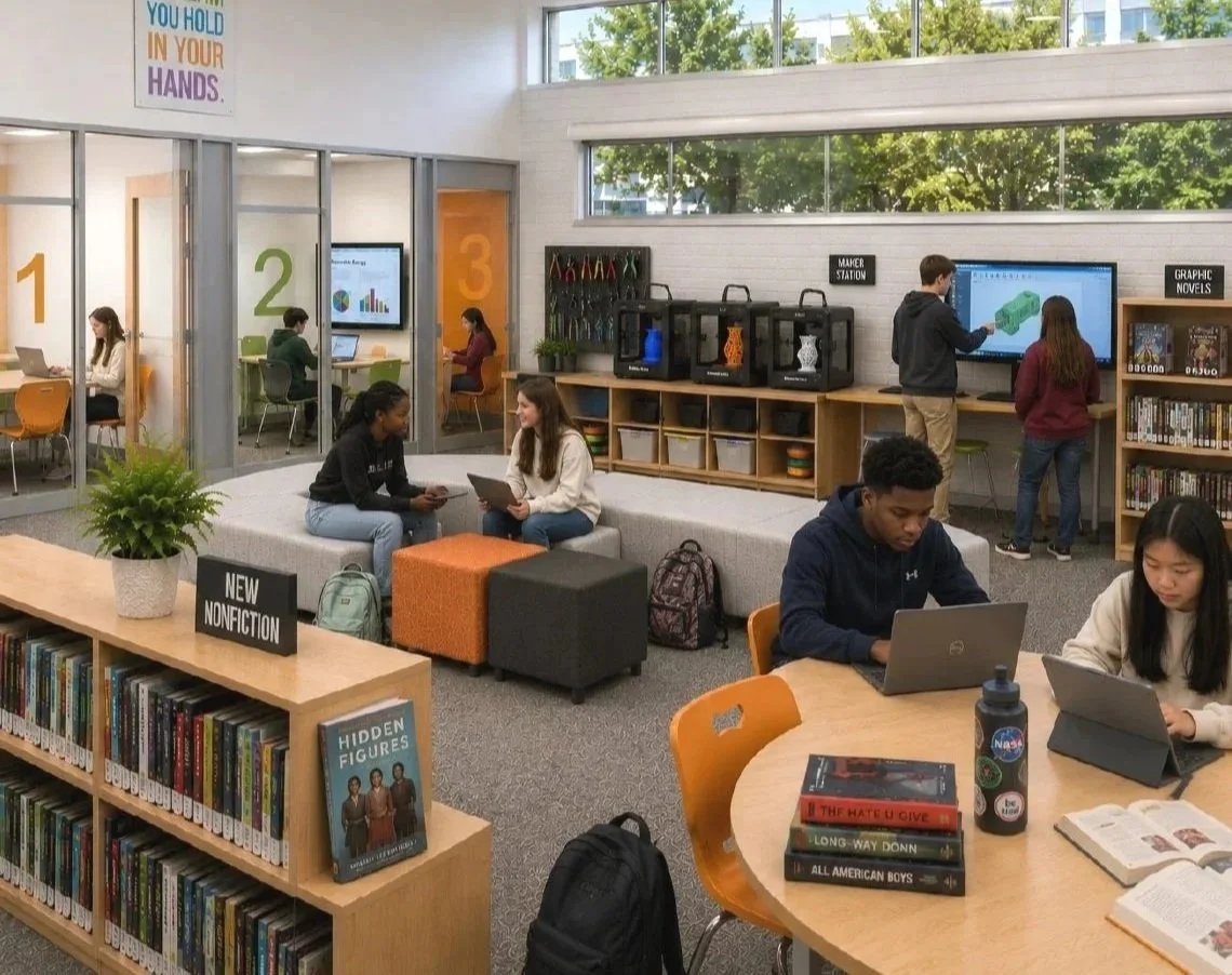 School library featuring students studying with an inclusive NOOK huddle pod, flexible soft seating, a Maker Station, and a large digital screen with integrated AV technology solutions designed to support neurodivergent minds.