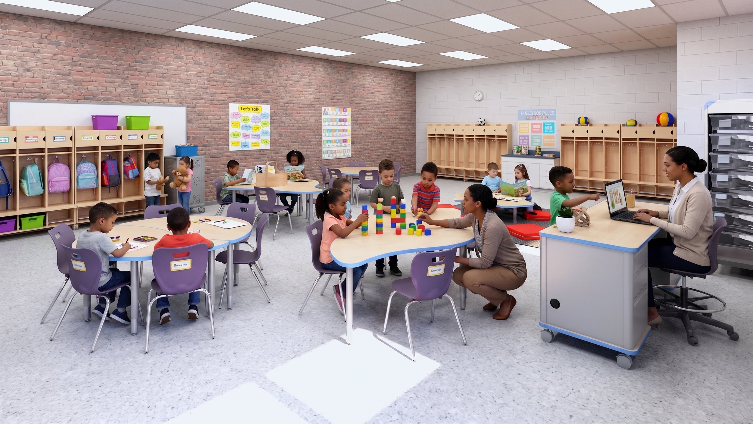 A professional development meeting room configured in a classroom-style layout by Oxilium, featuring rows of long training tables, ergonomic conference seating, interactive presentation displays, and integrated AV solutions.
