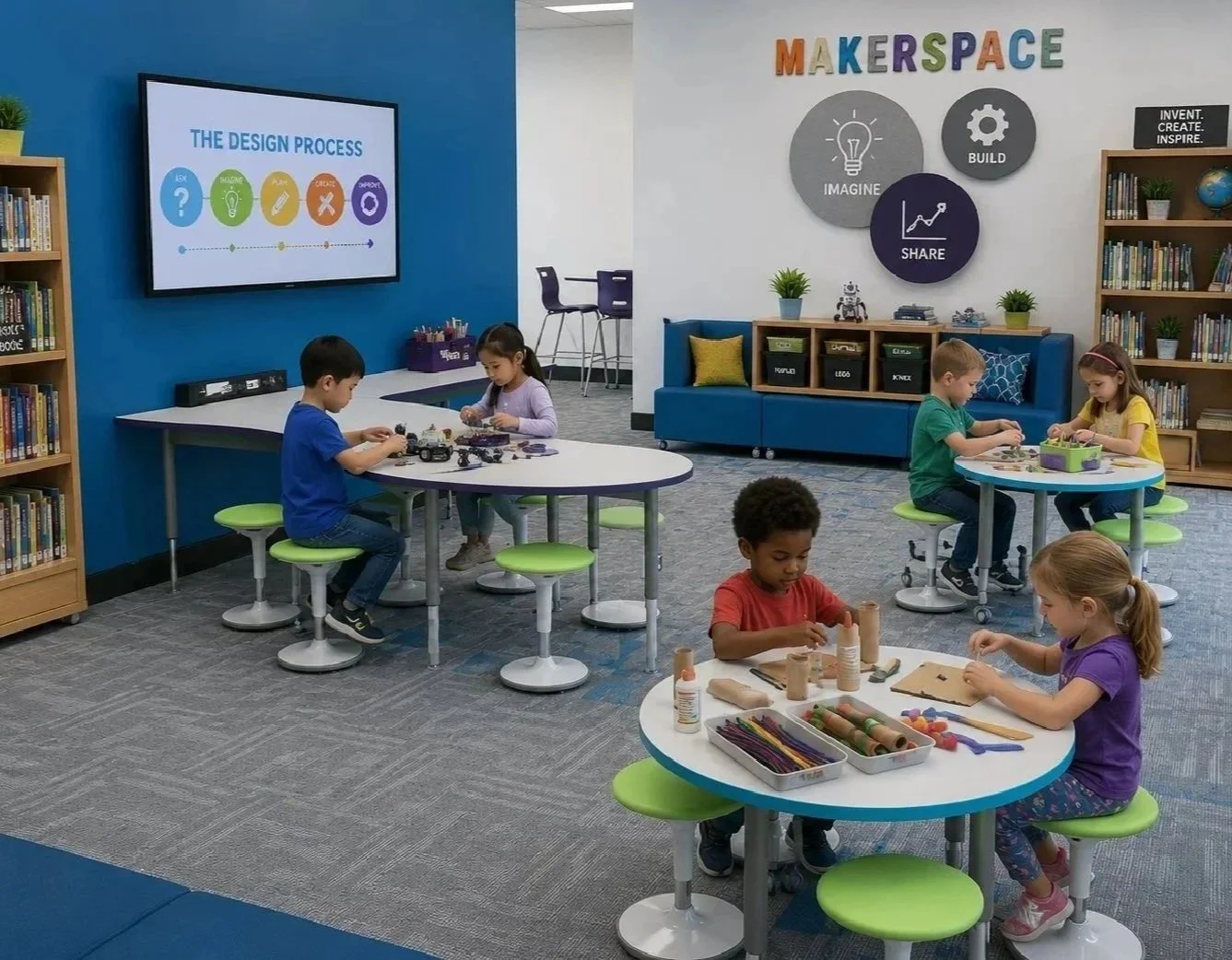 Colorful classroom makerspace featuring children at round tables, and a digital TV display with integrated AV technology solutions designed to support neurodivergent minds.