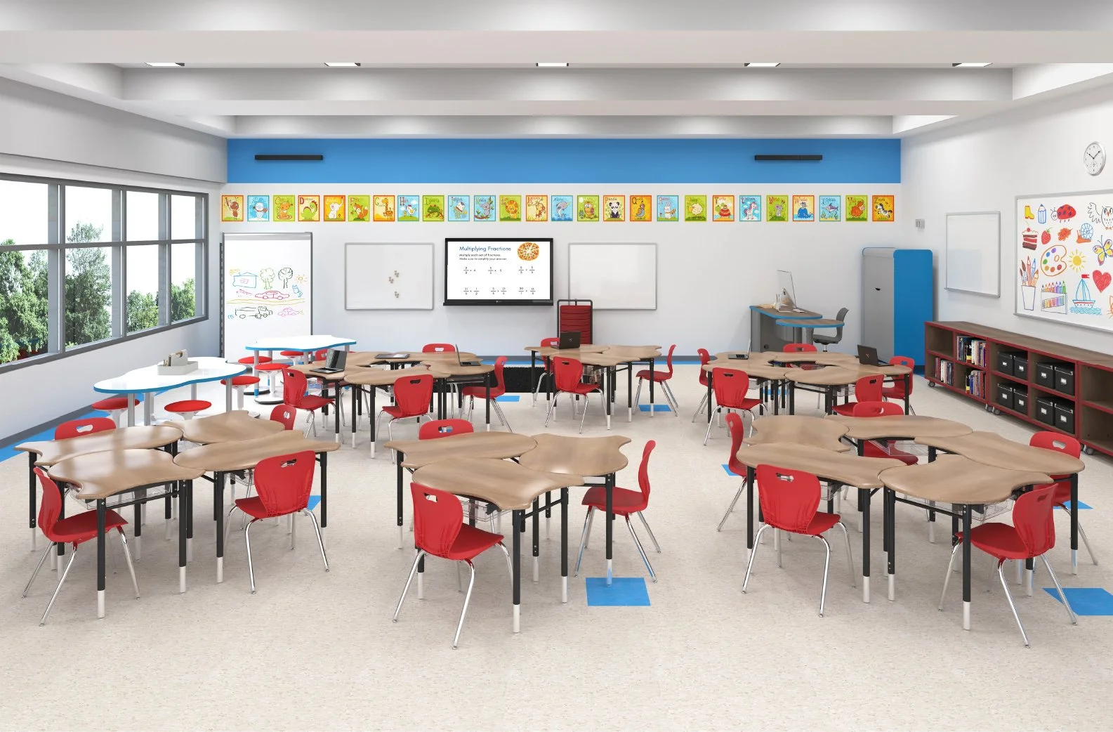 An overall K-12 classroom design by Oxilium combining a Clear Touch interactive panel and advanced AV systems with mobile storage and ergonomic flexible furniture engineered to support neurodiverse students.