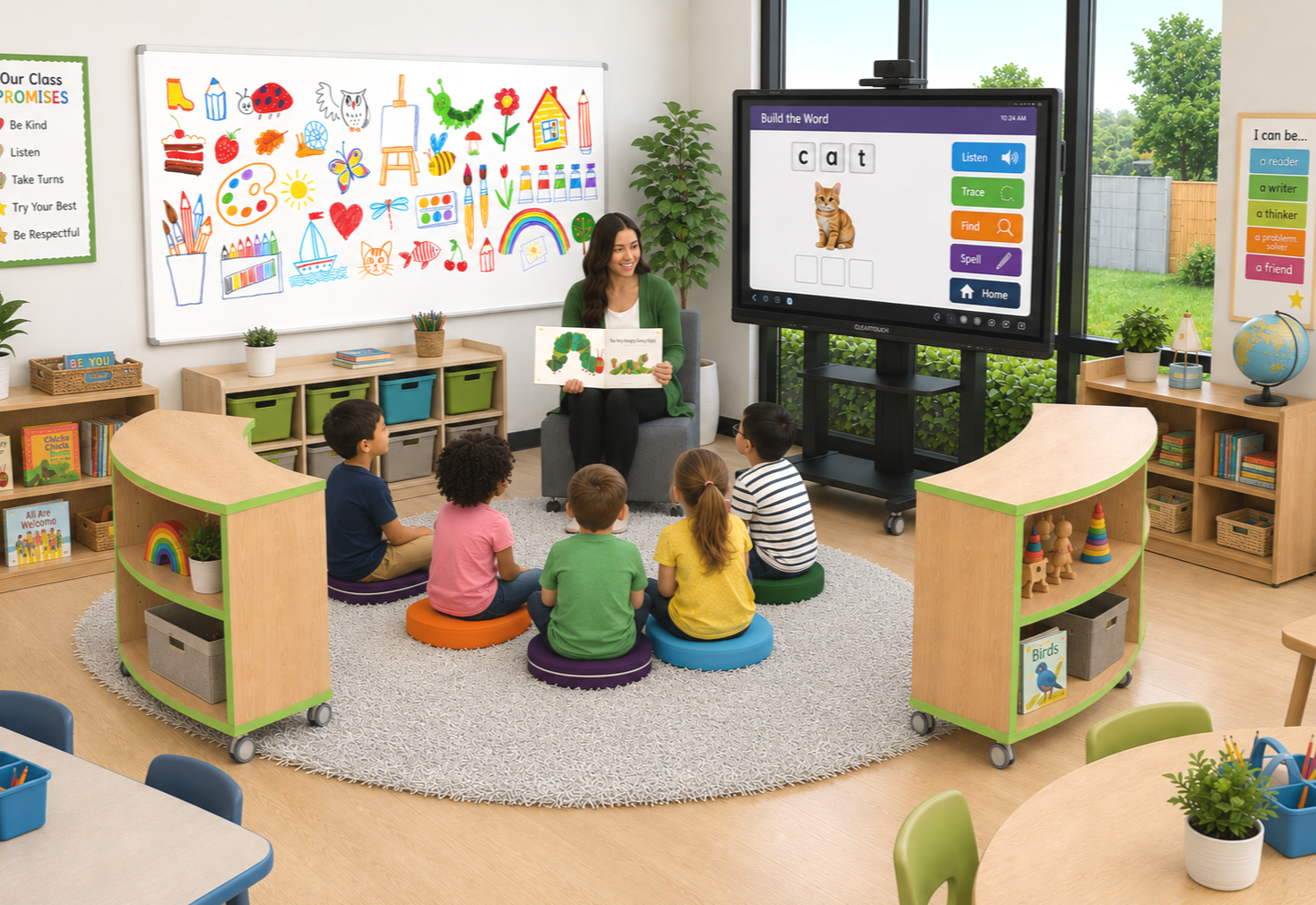 An inclusive preschool and early learning space design by Oxilium, featuring low-profile sensory furniture, modular soft seating play shapes, integrated storage, and age-appropriate interactive edtech layouts built for early childhood development.