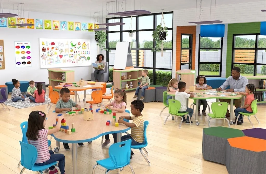 An Oxilium high school collaborative learning studio with flexible furniture, a Clear Touch interactive panel, and integrated edtech solutions, optimized for small-group STEM projects and inclusive learning.