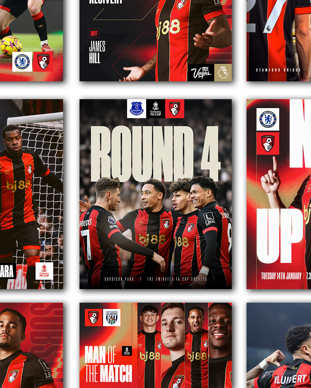Collage of football team images and graphics featuring players from Bournemouth in black and red striped jerseys, celebrating and in action, with text indicating a match in the Emirates FA Cup Round 4 between Bournemouth and Chelsea.