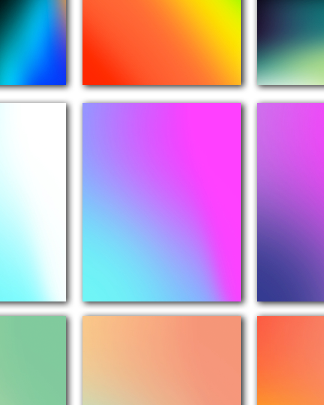 A collage of nine colorful gradient backgrounds arranged in a 3x3 grid.
