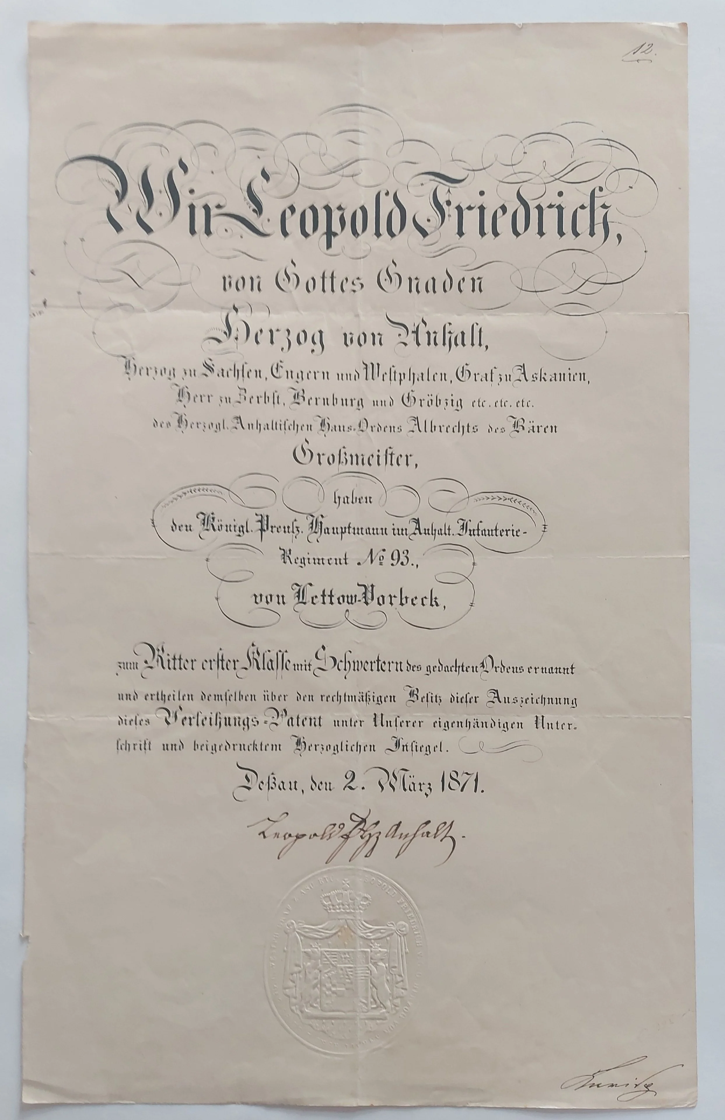 Eine bisher wohl unbekannte preußische Anerkennungsurkunde für 1864 - Der Nachlass Moritz v. Lettow-Vorbeck