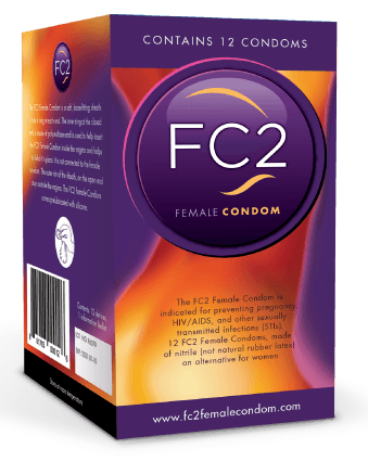 Box of FC2 Female Condoms containing 12 condoms, featuring purple and orange design with the FC2 logo.