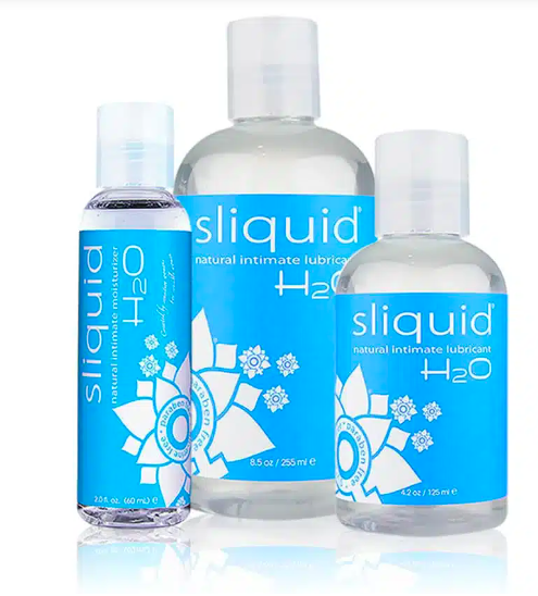 Three bottles of Sliquid H2O natural intimate lubricant with blue and white labels, different sizes, against a white background.