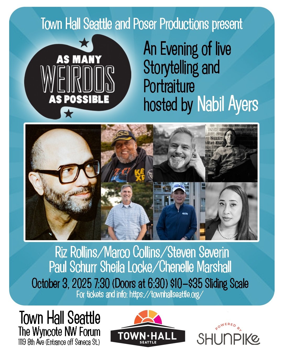 On Friday, October 3rd, Town Hall Seattle was the stage for an evening of live storytelling. The event, featuring Riz Rollins, Marco Collins, Steven Severin, Paul Schurr, Sheila Locke, and Chenelle Marshall, was hosted by the esteemed Nabil Ayers, Pr