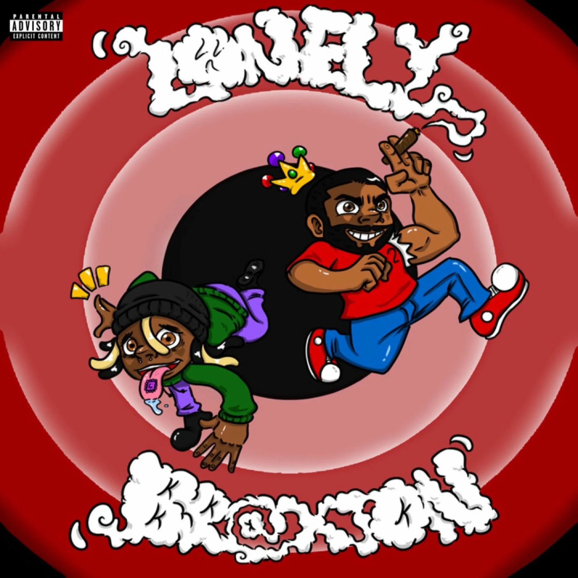 This is the artwork for the EP "LONELY BRAXTON". It is a parody on the LOONEY TUNES, with 2 characters representing the artists, drawn in toon form, jumping through the looney tunes signature cirles.