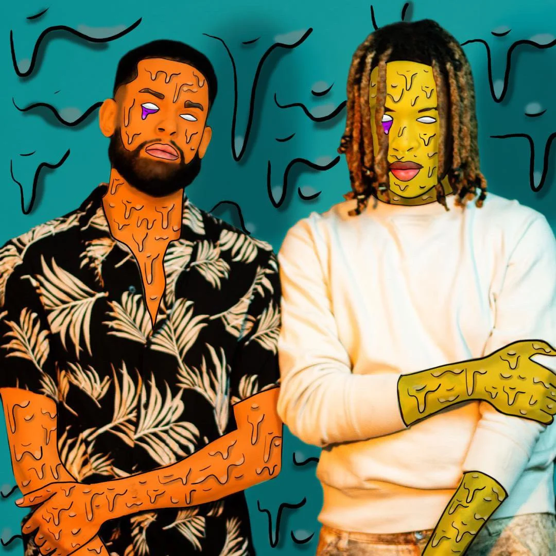 This is an image of two men standing side by side, edited to look cartoonish as if everything is dripping with slime.