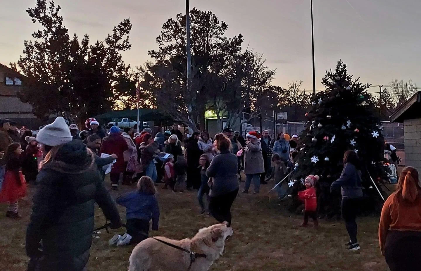 A crowd of people, including children and adults, gathered outdoors in the evening for a Christmas celebration. There are Christmas trees decorated with ornaments and snowflake ornaments. Many people are wearing Santa hats or winter clothing.