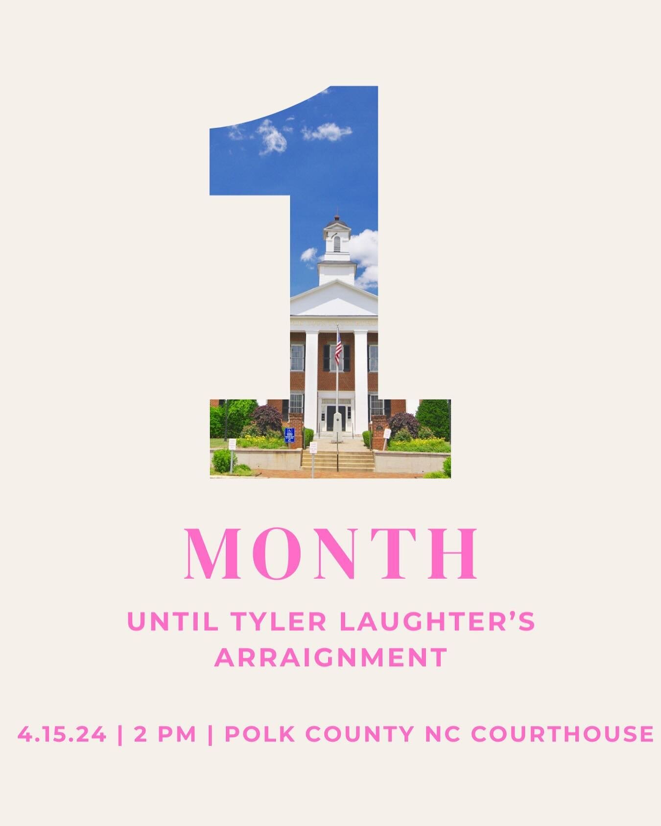 1 month until Tyler Laughter&rsquo;s next court date.  We will be there for Talia. Join us on 4/15/24 at 2 pm.
