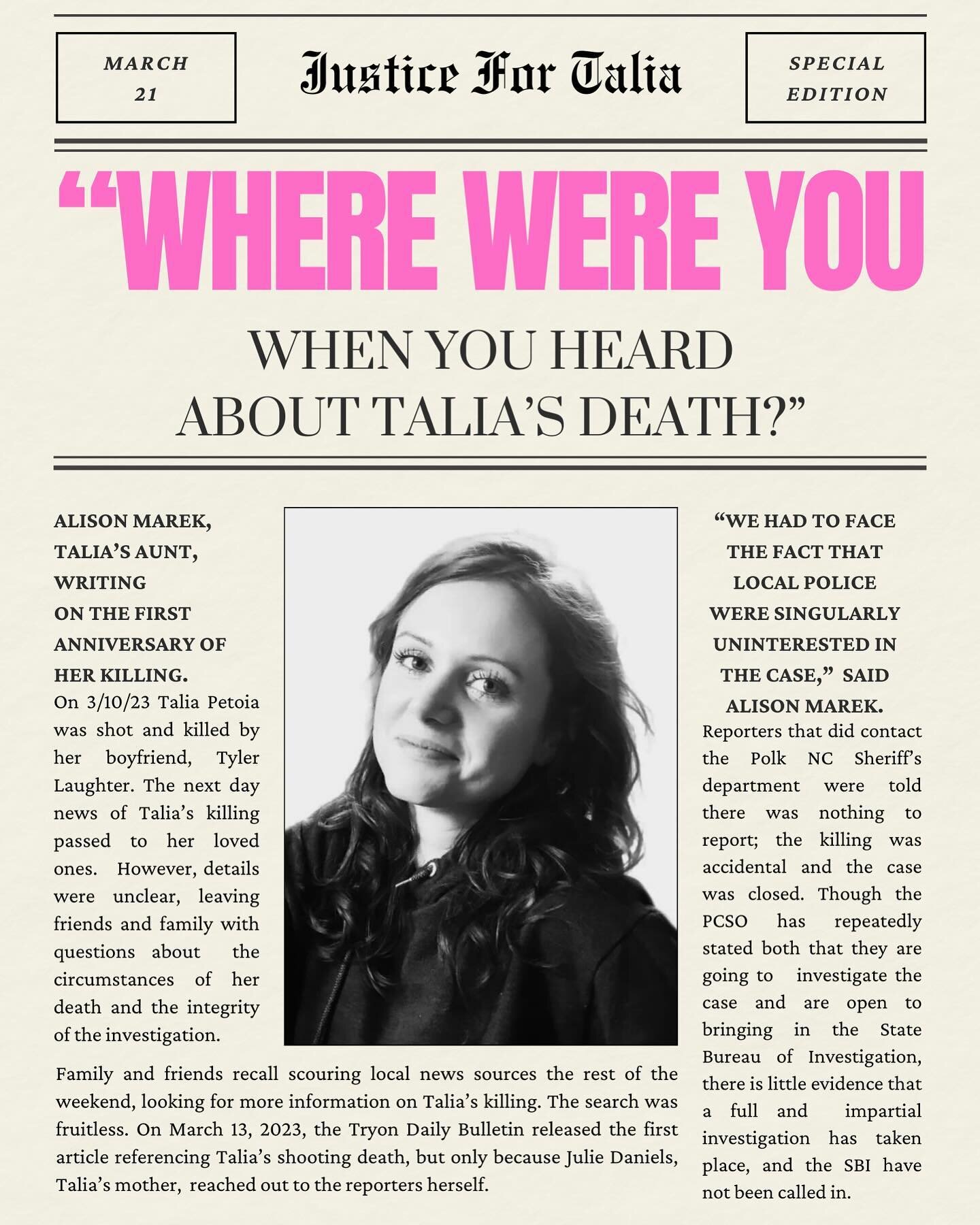 Where were you when you learned of Talia&rsquo;s death? 

We hope to see all of you April 15th at the Polk County Courthouse. 

#justicefortaliapetoia #friendsoftalia