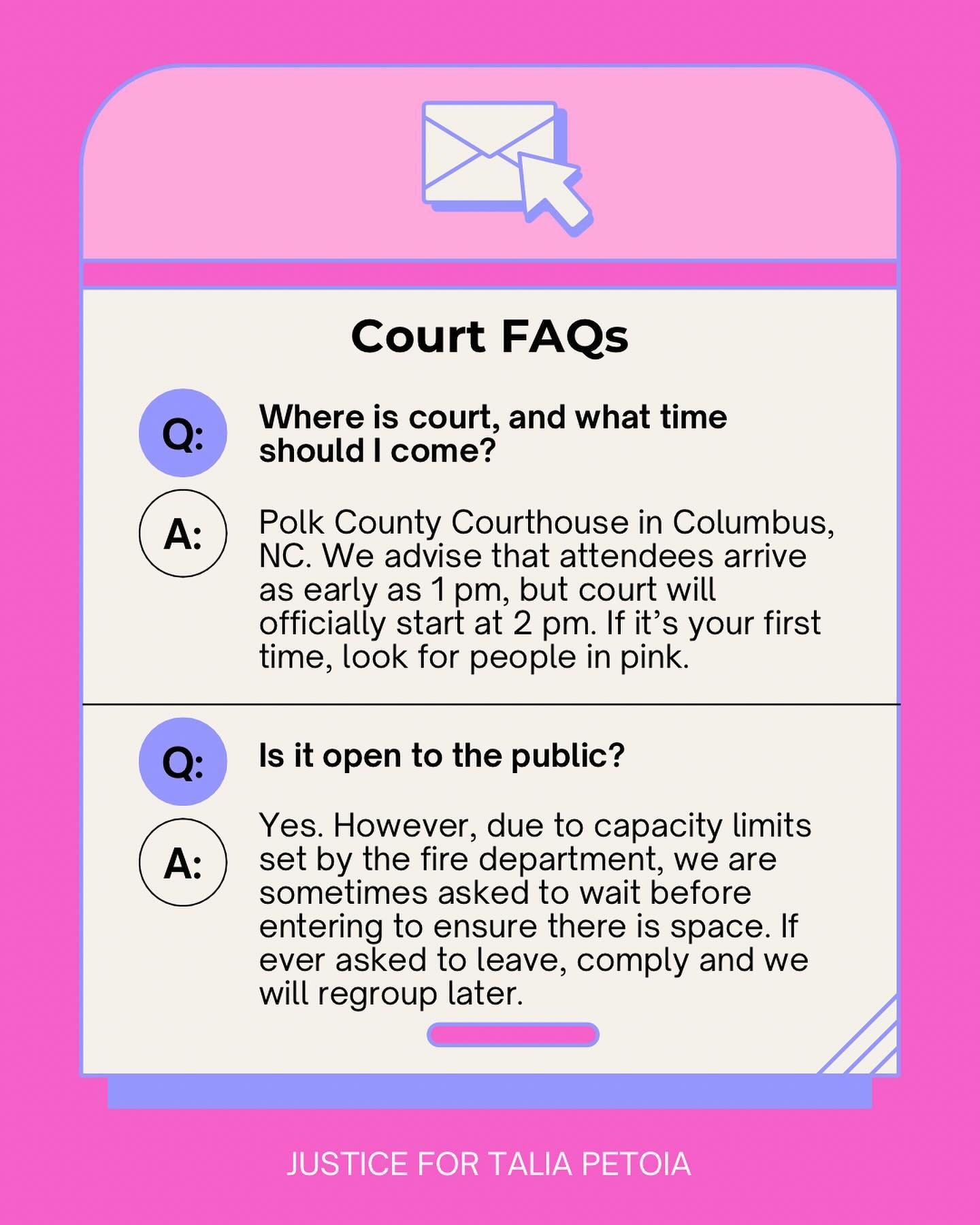 COURT FAQs
Have questions left unanswered? Comment below or message us. We are happy to provide answers if possible. 

We will see you all Monday. 

#justicefortaliapetoia #friendsoftalia