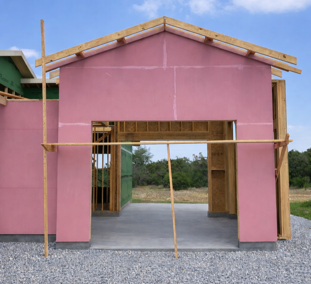 Construction site of a house with pink insulation panels and wooden framing, open garage door, and a gravel ground under a blue sky.