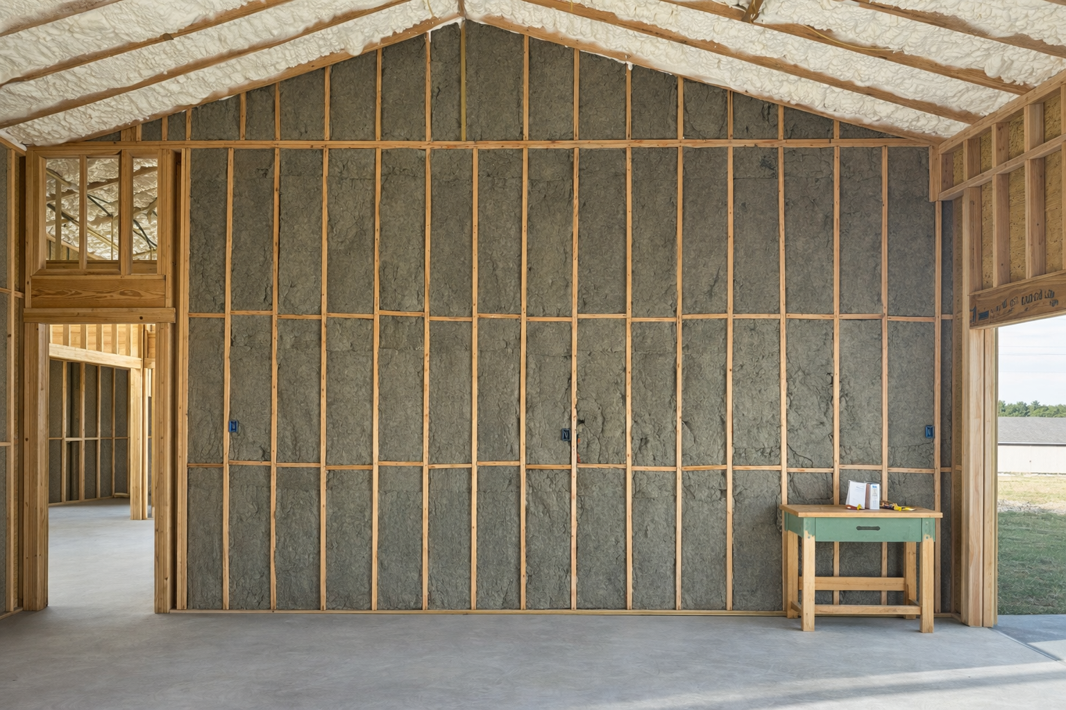 Interior view of a house under construction with exposed wall framing and insulation, a small work table with tools, and an open doorway leading to another room.