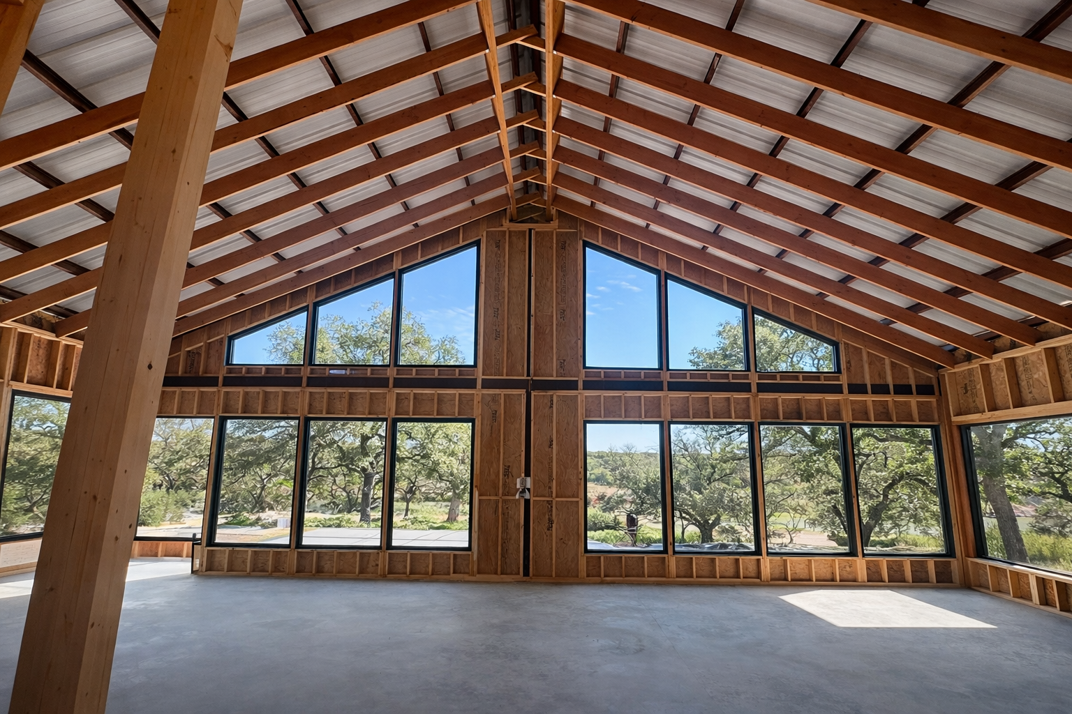 Inside view of a house under construction with exposed wooden framing and large windows, showing trees and a blue sky outside.