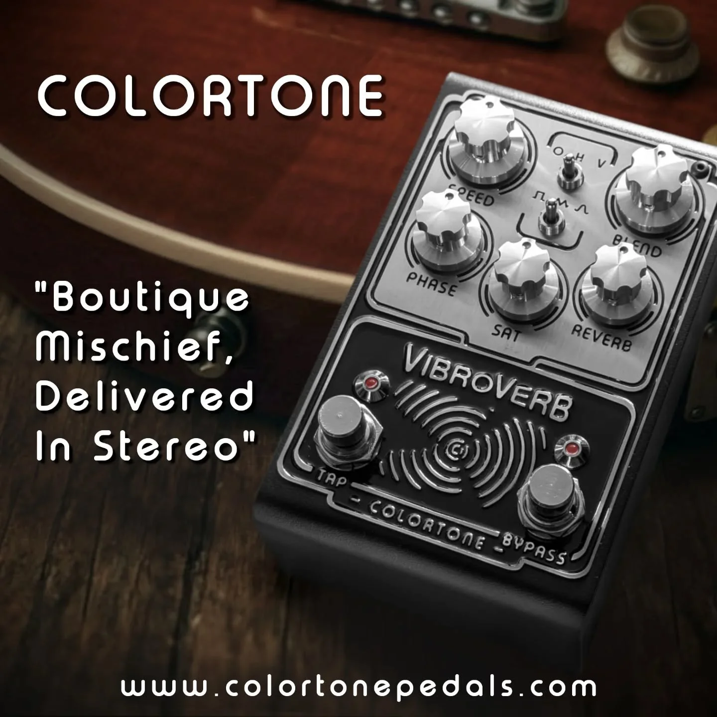 Colortones VibroVerb is a luscious Multi-Mode Stereo Modulation Pedal with Saturation and Reverb. 

Modulation Modes are:
* Optical Tremolo
* Harmonic Tremolo
* RotoVibe

Additional features:
* Saturation/Drive EQ
* LFO Shapes Square - Triangle - Sin