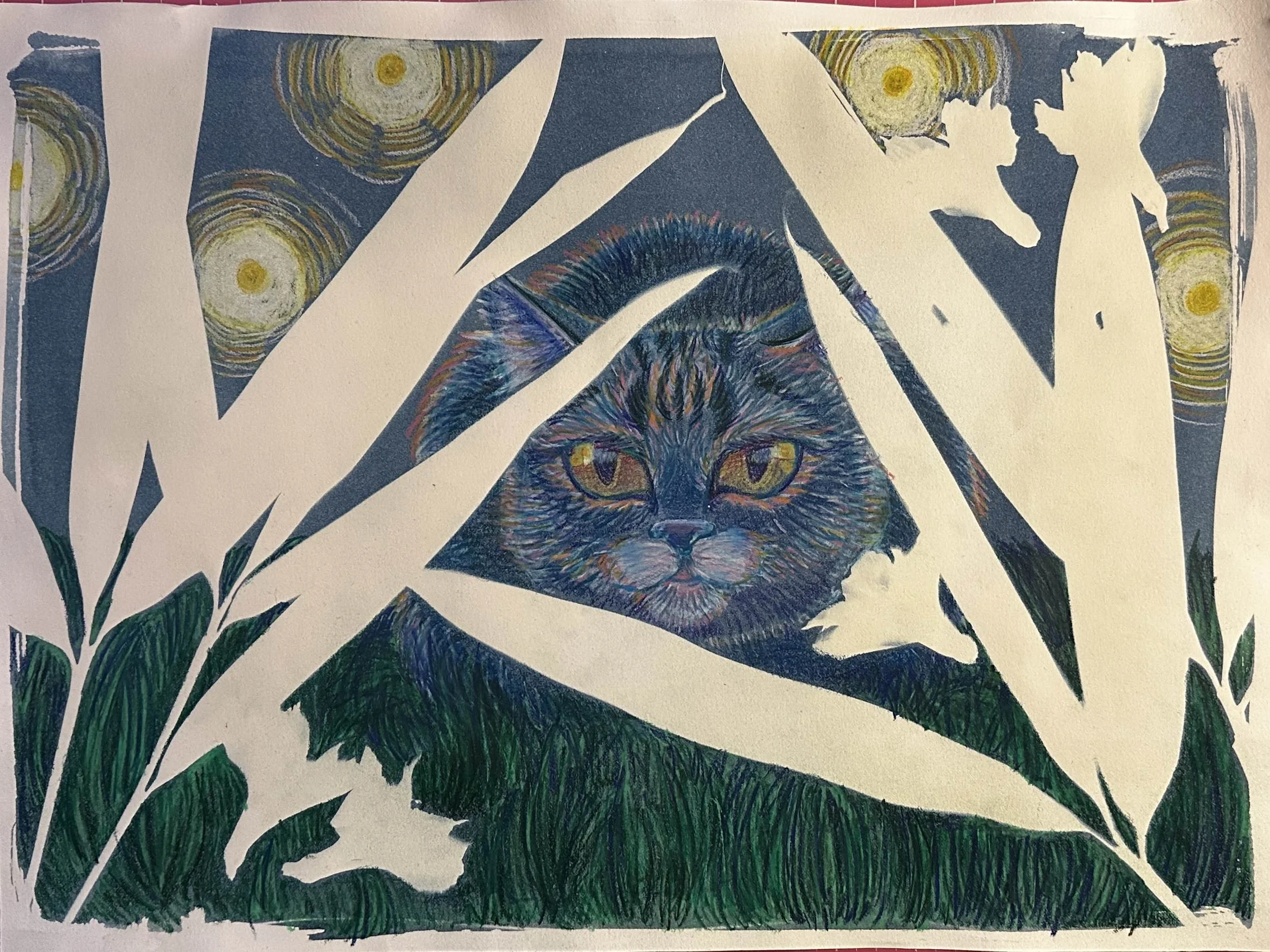 Colorful artwork featuring a detailed drawing of a cat's face in the center, surrounded by plants and abstract shapes, with a vibrant, expressive style.