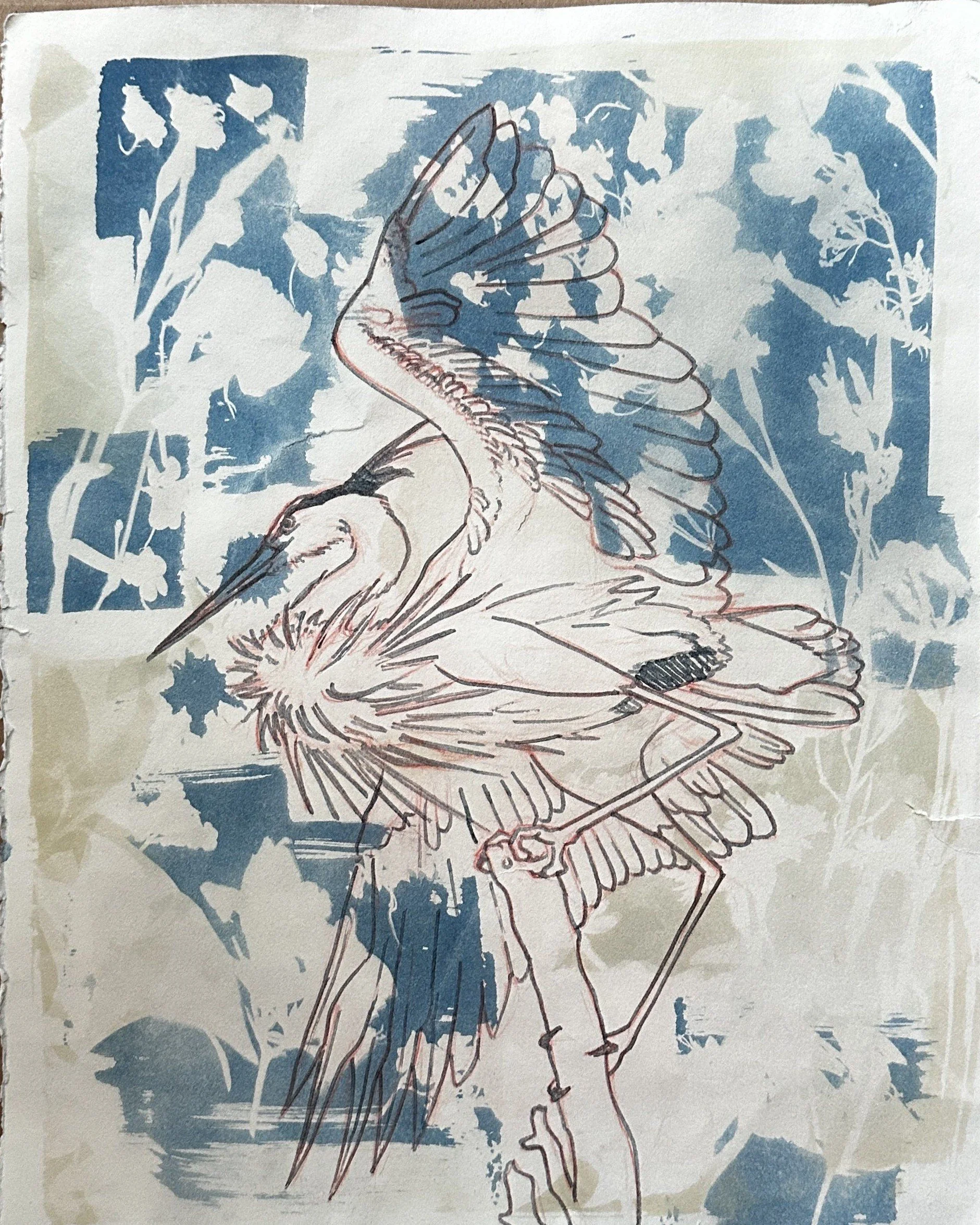 Hand-drawn illustration of a bird, possibly a crane, standing among abstract blue foliage, with a background of blue and beige patches.