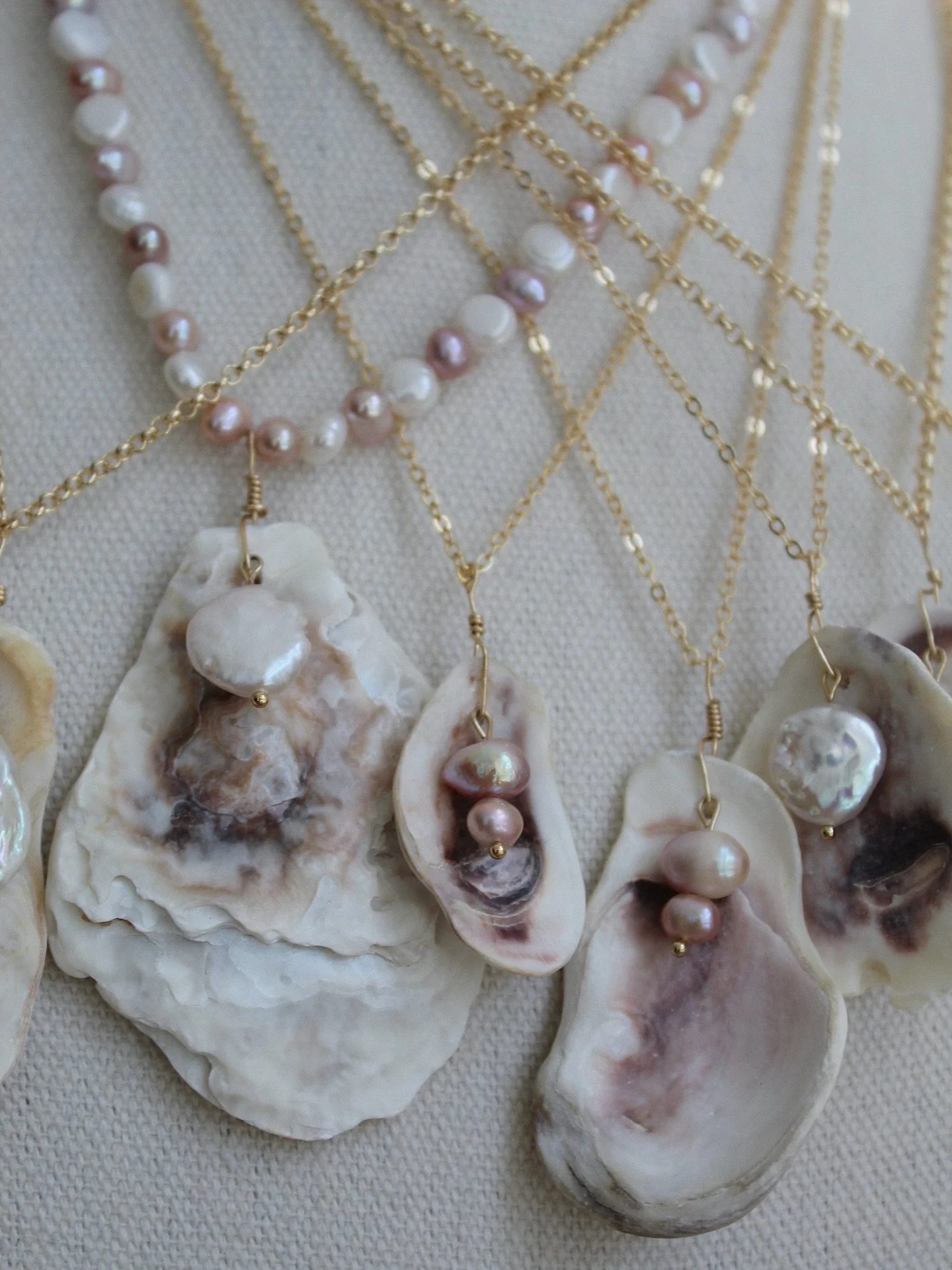 one of a kind oyster shell necklaces 🐚 #oystershellart #goldfilledjewelry #handemadejewelry