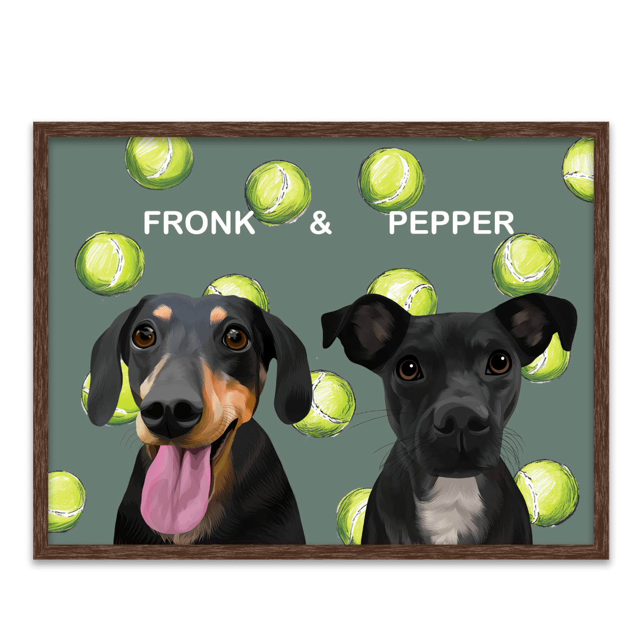 Pet portrait of a 2 black dogs named Fronk and Pepper, against a playful tennis ball pattern on a neutral green background, displayed in a walnut frame.