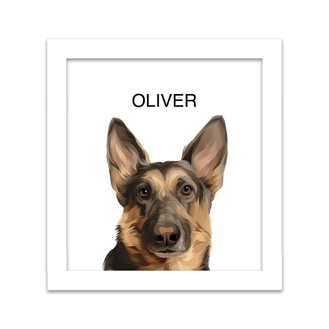 Pet portrait artwork of a German Shepherd dog named Oliver on a white background, placed in a square white frame.
