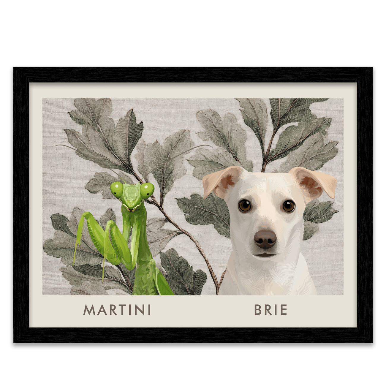 Black framed botanical pet portrait featuring a green praying mantis and white dog on leafy vintage background.
