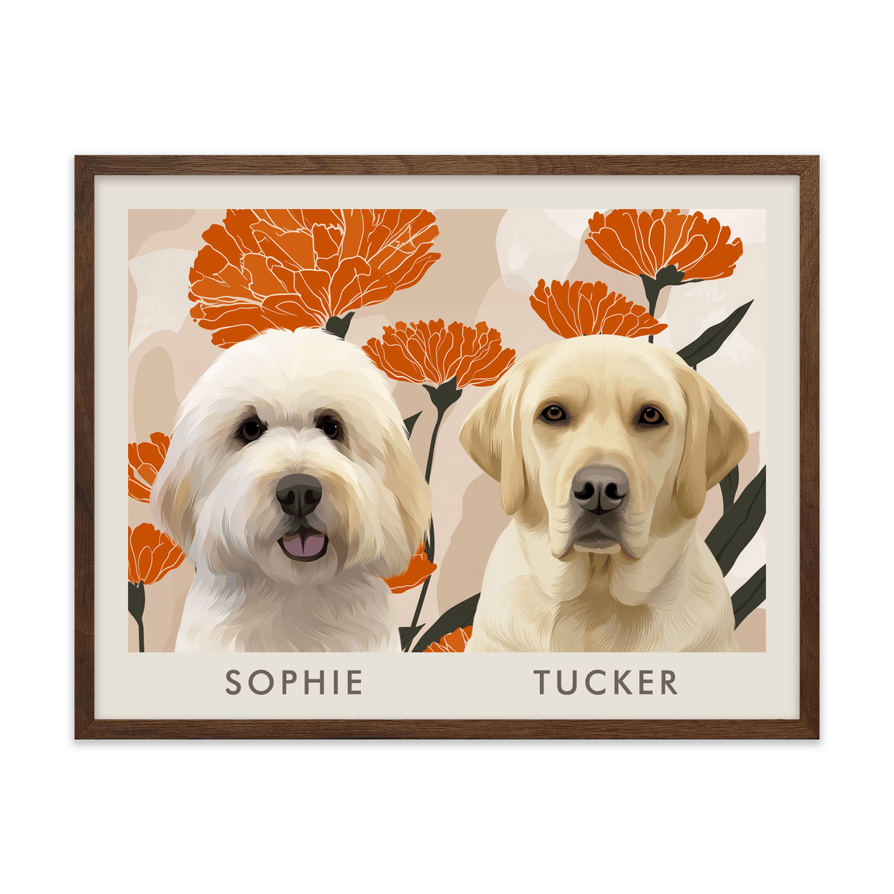 2petportrait-horizontal-bloomingmarigoldfloralillustration_Walnut-Frame.png