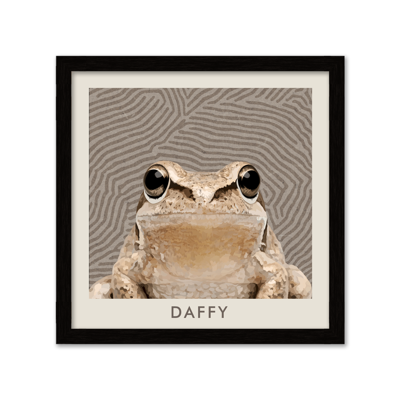 Framed in sleek metal, this Organic Terrain Lines Minimalist Pet Portrait highlights a hand illustrated frog over flowing terrain lines with a subtle, contemporary feel.