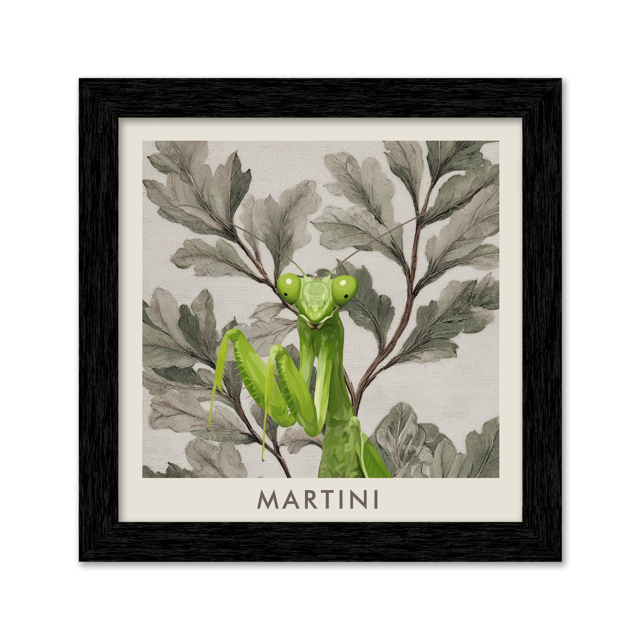 Black framed vintage botanical pet portrait of a green praying mantis named Martini on a leafy illustrated background.