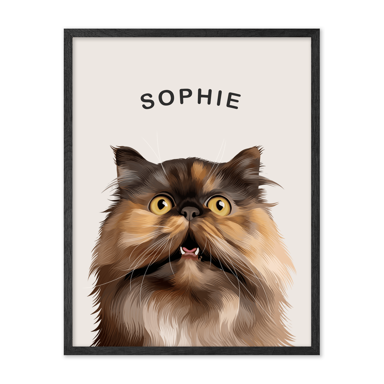 A fluffy Persian cat named Sophie in a black oak frame on a soft neutral background, showcasing a Personalized Modern Minimalist Pet Portrait with elegant detail.